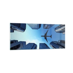 Cuadro sobre vidrio - Impresiones sobre Vidrio - Un avión volando sobre modernos rascacielos en el centro de la ciudad. - 120x50cm - La vista desde el abismo de cristal - Decoración de pared moderna para salón y dormitorio ARTTOR