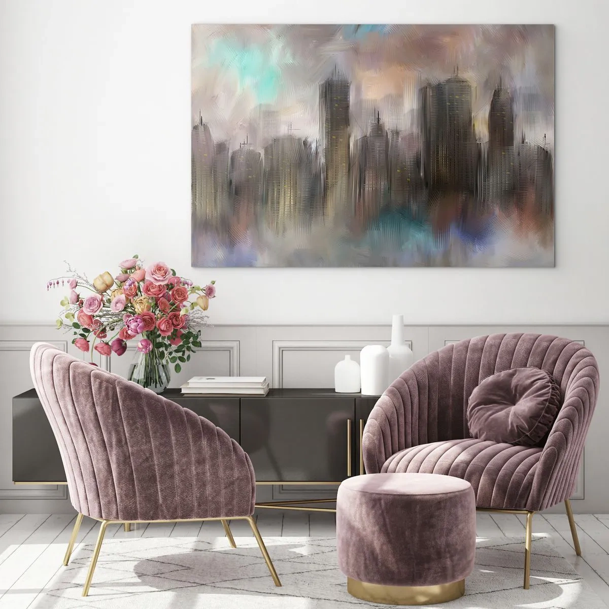 Cuadro sobre vidrio - Impresiones sobre Vidrio - Imagen abstracta de una ciudad con rascacielos. - 70x50cm - Una composición de acero, piedra y niebla - Decoración de pared moderna para salón y dormitorio ARTTOR