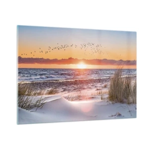 Cuadro sobre vidrio - Impresiones sobre Vidrio - Puesta de sol sobre el mar con pájaros y dunas de arena. - 100x70cm - Paisaje horizontal - Decoración de pared moderna para salón y dormitorio ARTTOR