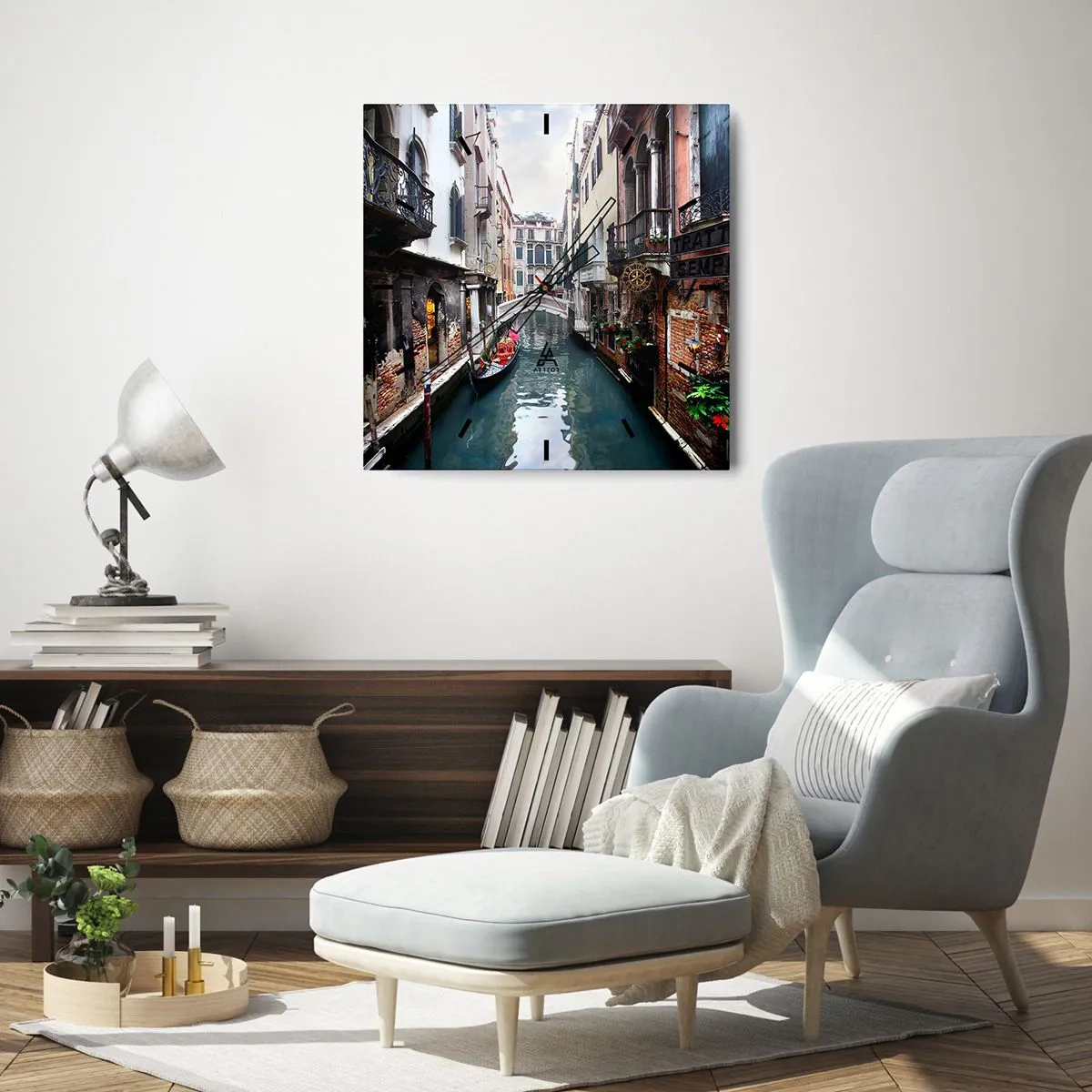 Reloj de pared - Reloj de vidrio - Paisaje veneciano con góndola y puente - 40x40 cm