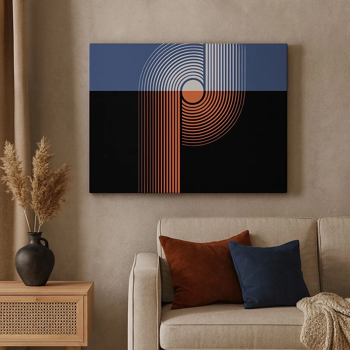 Cuadro sobre lienzo - Impresión de Imagen - Abstracción geométrica con líneas en azul marino y naranja. - 70x50cm - En un abrazo geométrico - Decoración de pared moderna para salón y dormitorio ARTTOR