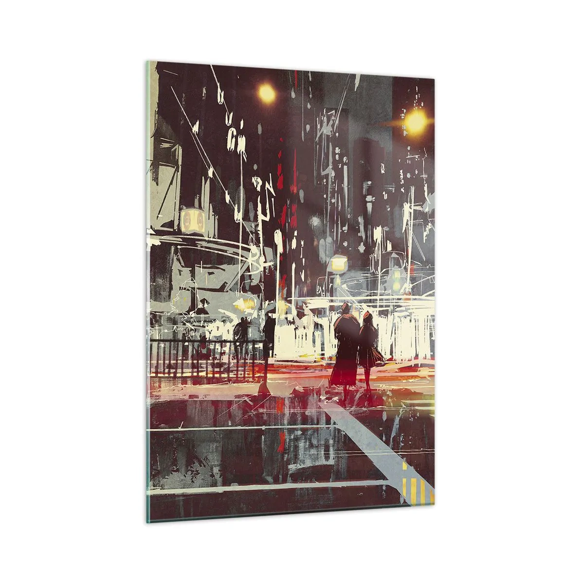 Cuadro sobre vidrio - Impresiones sobre Vidrio - Paisaje urbano nocturno con luces de neón y siluetas de transeúntes. - 50x70cm - Una travesía metropolitana - Decoración de pared moderna para salón y dormitorio ARTTOR