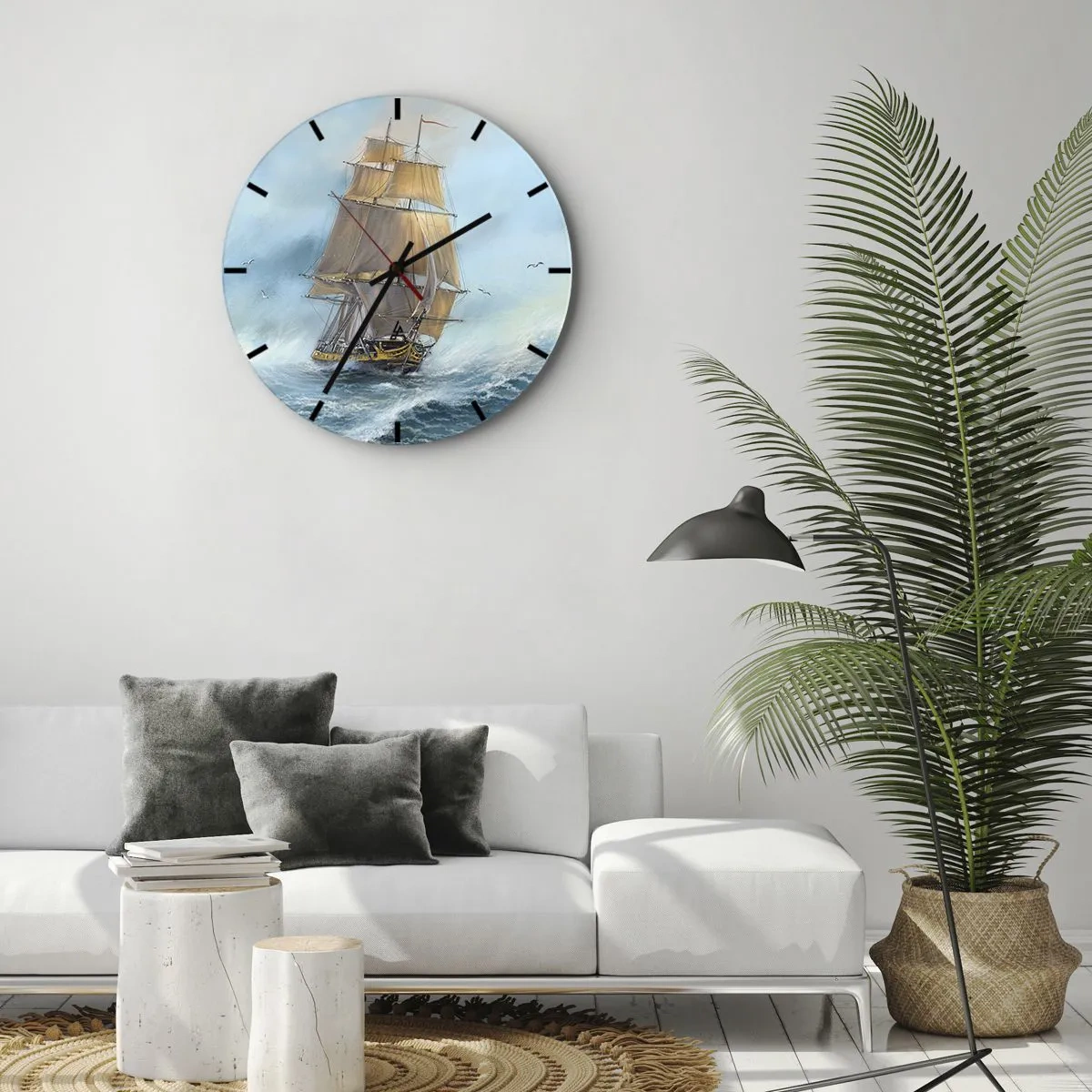 Reloj de pared - Reloj de vidrio - Un velero en un mar tempestuoso en un entorno dinámico. - 30x30cm - Surcando las olas - Decoración de pared moderna para salón, cocina y dormitorio ARTTOR