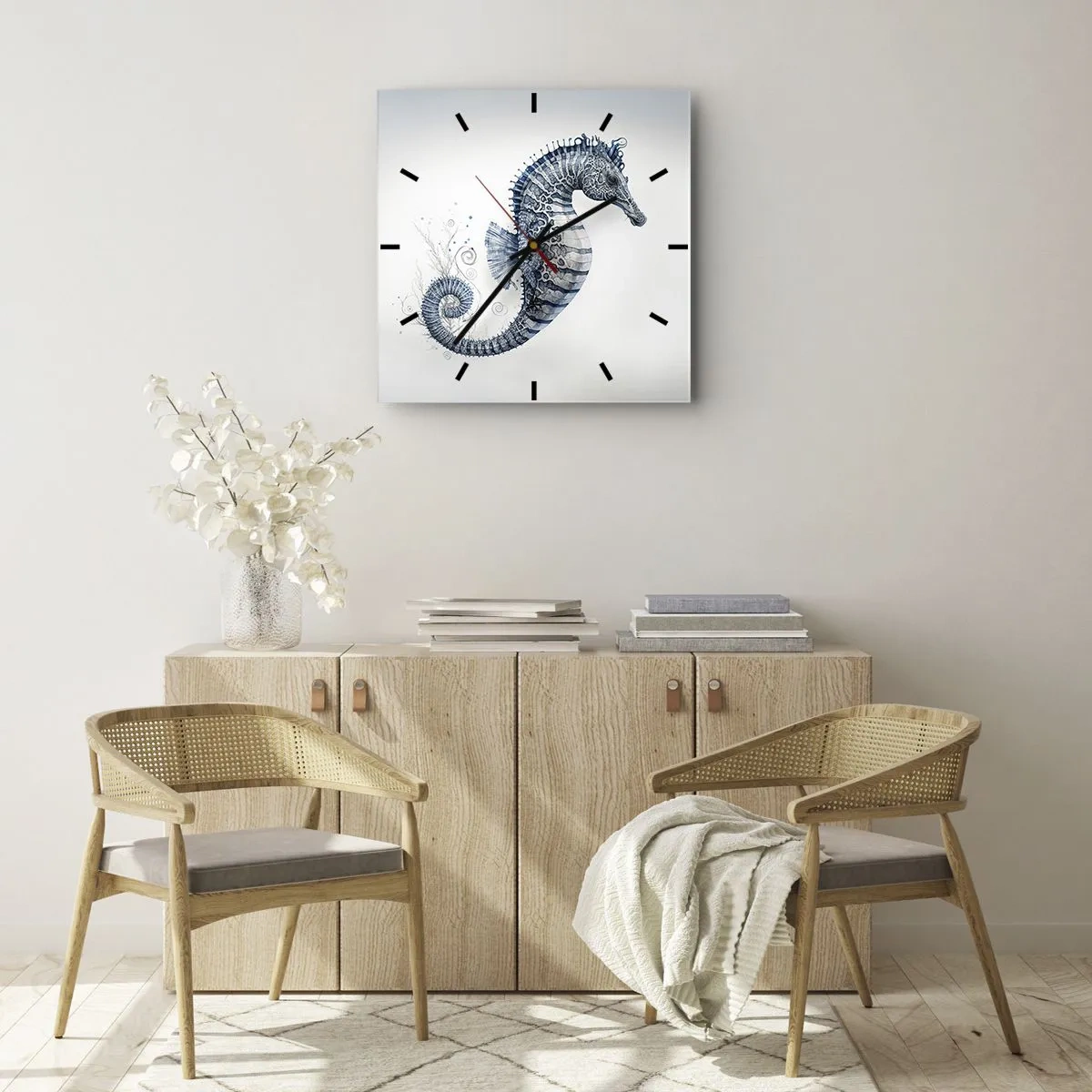 Reloj de pared - Reloj de vidrio - Caballito de mar en tonos azules con detalles de acuarela - 30x30cm - Una sutil broma de la naturaleza - Decoración de pared moderna para salón y dormitorio ARTTOR