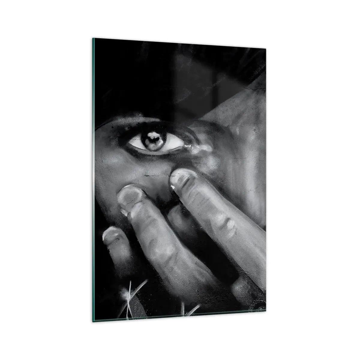 Cuadro sobre vidrio - Impresiones sobre Vidrio - Retrato en blanco y negro de una mujer cubriéndose la cara con las manos. - 80x120cm - No diré quién lo pintó - Decoración de pared moderna para salón y dormitorio ARTTOR