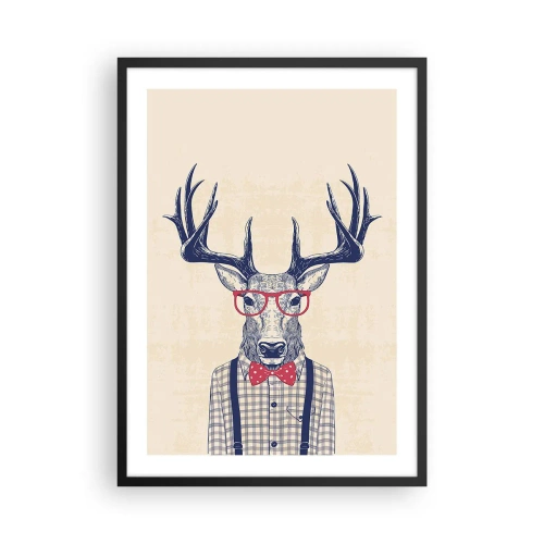 Póster en marco negro - Ciervo elegante con gafas y pajarita sobre un fondo beige. - 50x70cm - Una extravagancia lúdica - Decoración de pared moderna para salón y dormitorio ARTTOR