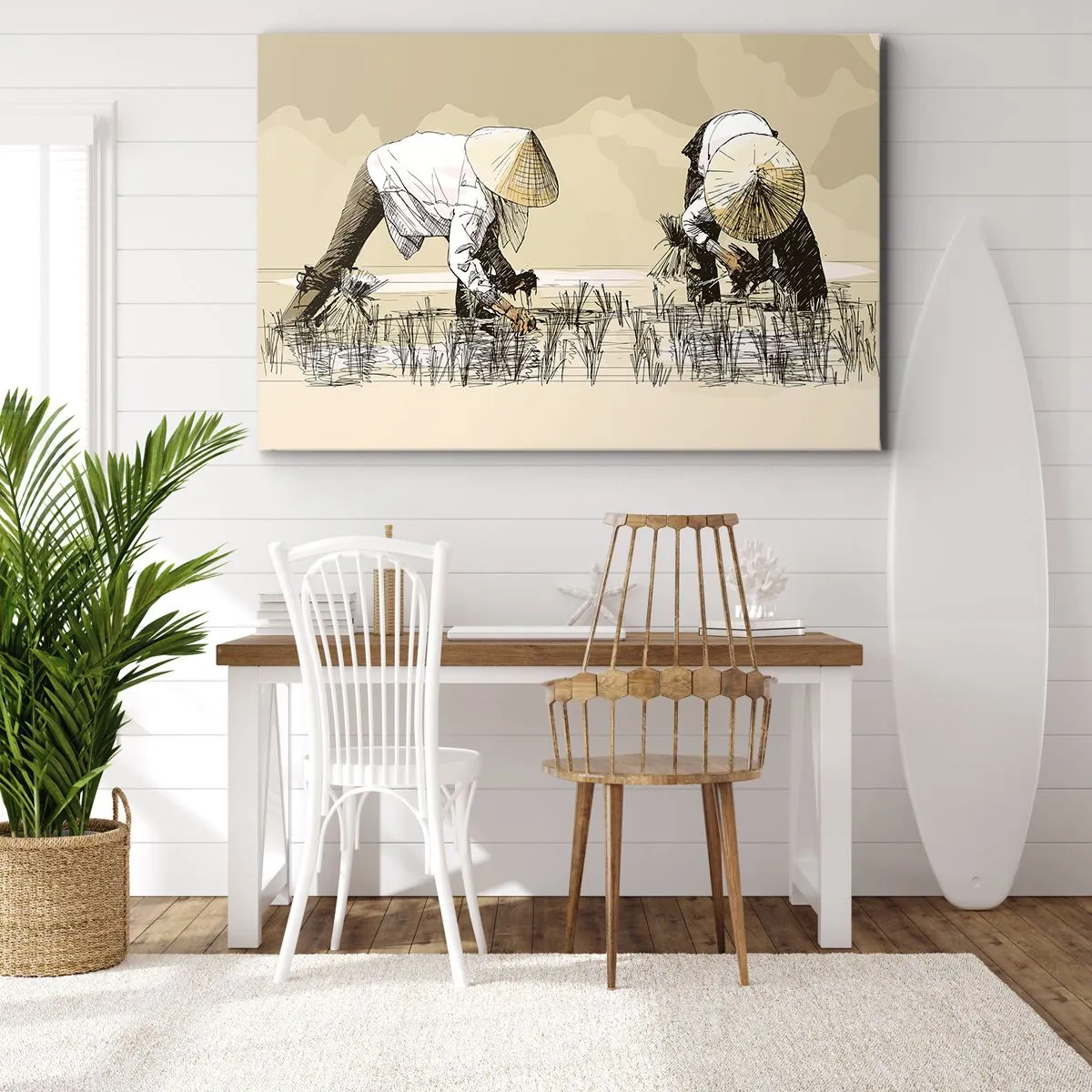 Cuadro sobre lienzo - Impresión de Imagen - Agricultores trabajando en un campo de arroz con sombreros tradicionales - 120x80cm - De una cosecha exitosa - Decoración de pared moderna para salón y dormitorio ARTTOR
