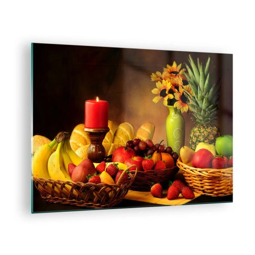 Cuadro sobre vidrio - Impresiones sobre Vidrio - Una composición de fruta, pan y una vela en estilo rústico. - 70x50cm - Bodegón con pan y fruta - Decoración de pared moderna para salón y dormitorio ARTTOR