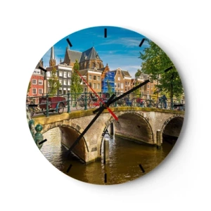 Reloj de pared - Reloj de vidrio - Un pintoresco puente sobre el canal rodeado de edificios y bicicletas. - 30x30cm - Primavera en el canal - Decoración de pared moderna para salón, cocina y dormitorio ARTTOR