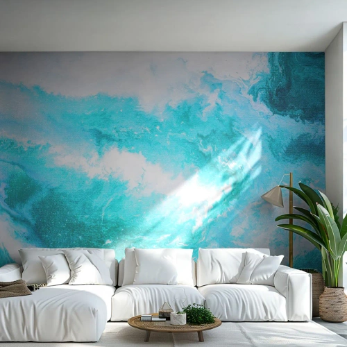 Fotomural Standard Eco - Una composición abstracta en tonos turquesa y blanco. - 100x70cm - En el núcleo del elemento - Decoración de pared moderna para salón y dormitorio ARTTOR