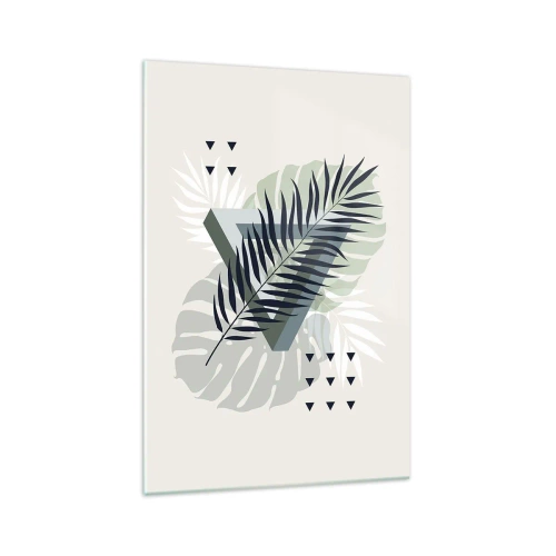 Cuadro sobre vidrio - Impresiones sobre Vidrio - Composición geométrica con hojas tropicales en tonos verdes. - 70x100cm - Naturaleza y geometría - Decoración de pared moderna para salón y dormitorio ARTTOR