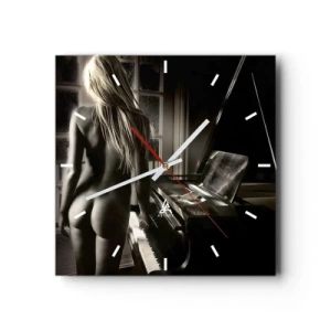 Reloj de pared - Reloj de vidrio - Desnudo femenino al piano en estilo blanco y negro - 30x30cm - Perfecta armonía de la noche - Decoración de pared moderna para salón y dormitorio ARTTOR