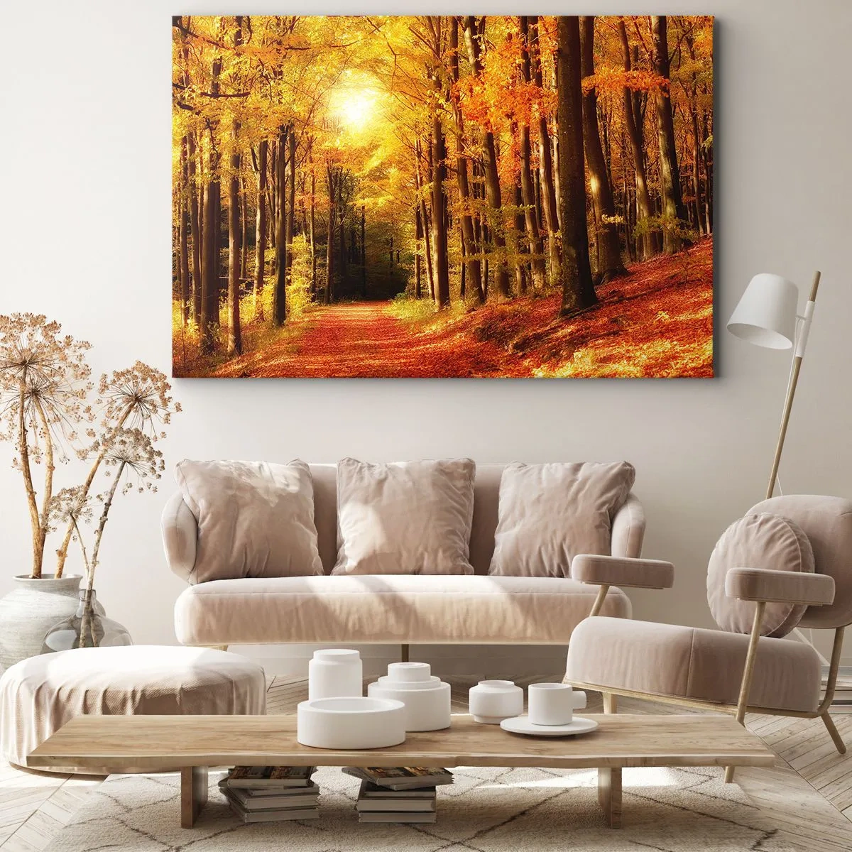 Cuadro sobre lienzo - Impresión de Imagen - Bosque otoñal con rayos de sol brillando a través de los árboles. - 70x50cm - Un otoño dorado en una carretera forestal - Decoración de pared moderna para salón y dormitorio ARTTOR
