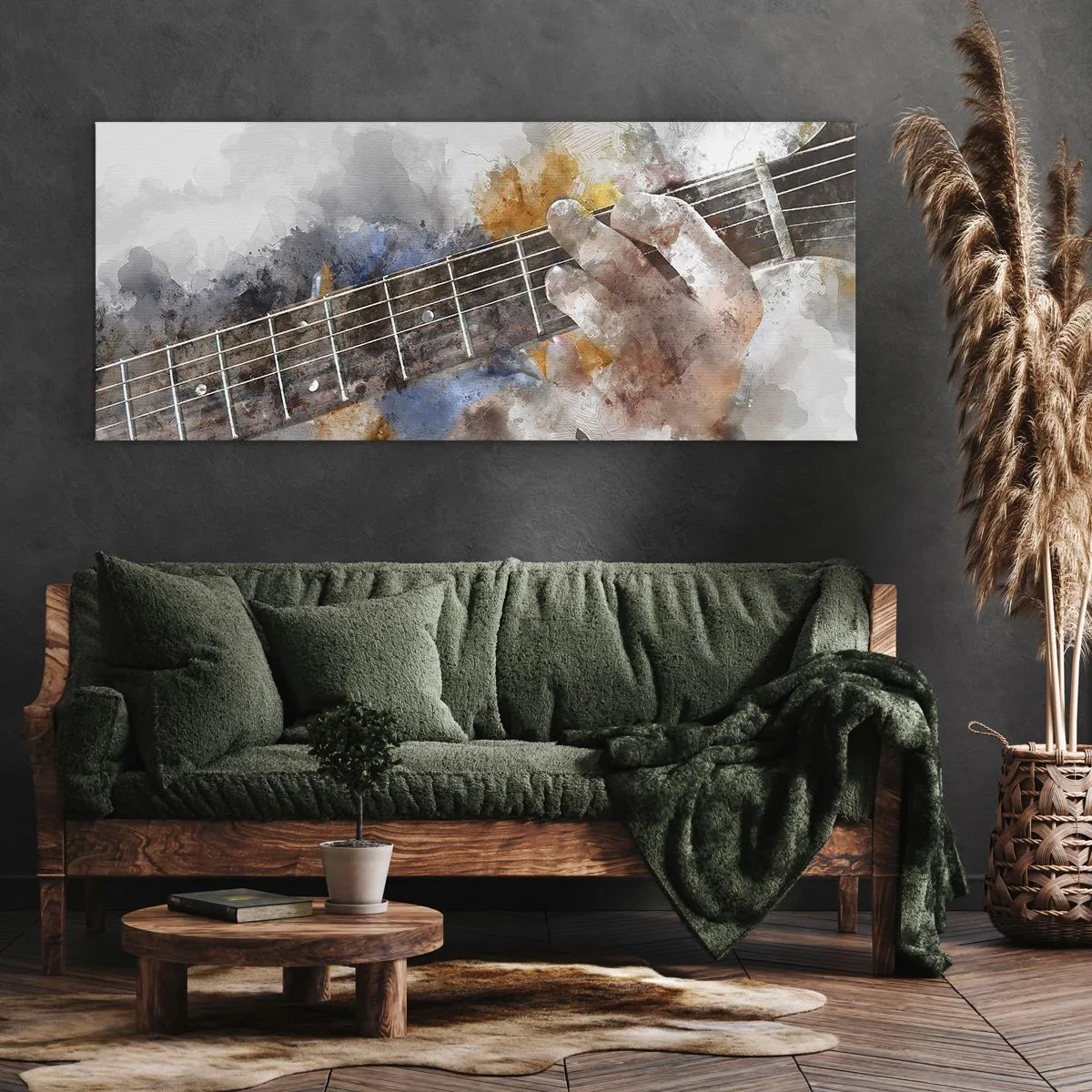 Cuadro sobre lienzo - Impresión de Imagen - Imagen abstracta de una mano tocando la guitarra. - 160x50cm - Poesía entre las cuerdas - Decoración de pared moderna para salón y dormitorio ARTTOR