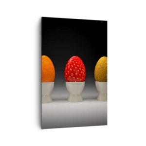 Cuadro sobre lienzo - Impresión de Imagen - Huevos coloridos que se asemejan a frutas sobre un fondo oscuro. - 80x120cm - Desayuno de frutas - Decoración de pared moderna para salón y dormitorio ARTTOR