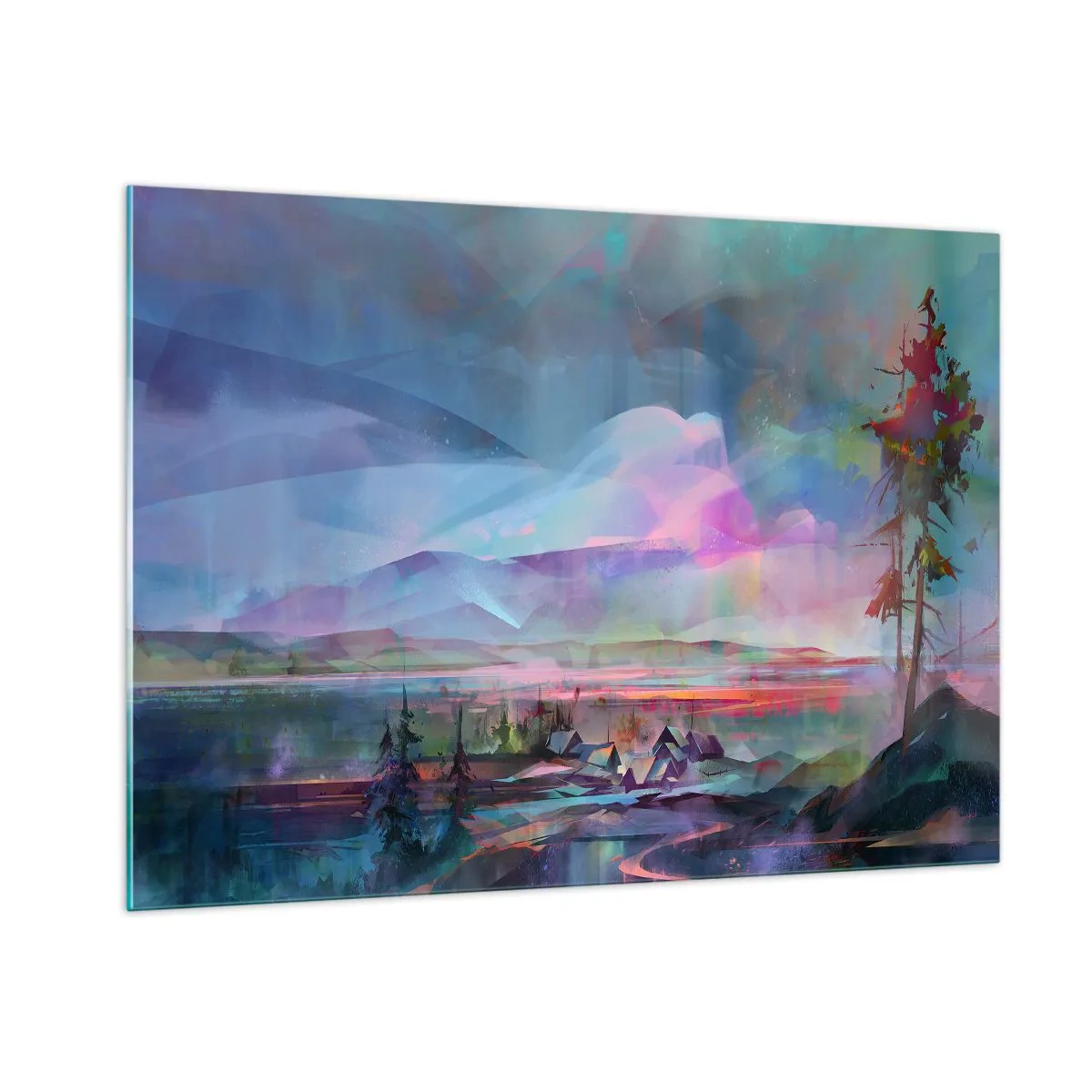 Cuadro sobre vidrio - Impresiones sobre Vidrio - Un paisaje colorido con montañas y cabañas de estilo surrealista. - 100x70cm - Bajo un cielo benévolo - Decoración de pared moderna para salón y dormitorio ARTTOR