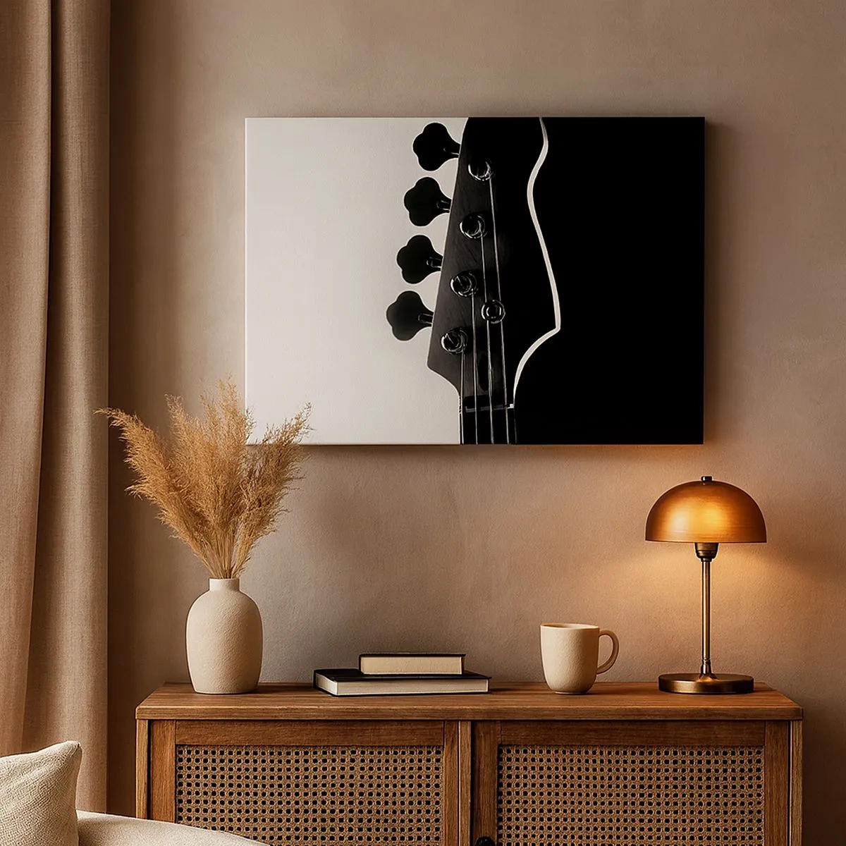 Cuadro sobre lienzo - Impresión de Imagen - Silueta en blanco y negro del clavijero de un bajo - 70x50cm - Silencio musical - Decoración de pared moderna para salón y dormitorio ARTTOR