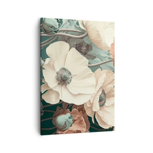 Cuadro sobre lienzo - Impresión de Imagen - Elegantes flores en tonos pastel sobre un fondo verde. - 50x70cm - Susurro de amapolas - Decoración de pared moderna para salón y dormitorio ARTTOR