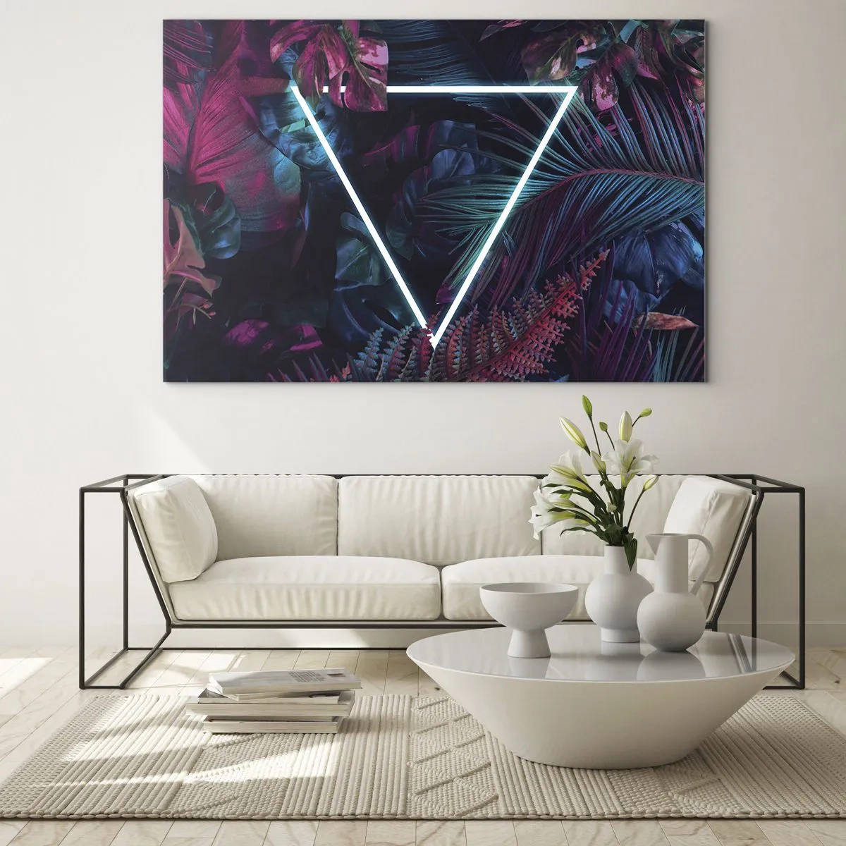 Cuadro sobre vidrio - Impresiones sobre Vidrio - Un triángulo de neón rodeado de plantas tropicales en tonos rosa y azul. - 70x50cm - Jardín fluorescente - Decoración de pared moderna para salón y dormitorio ARTTOR