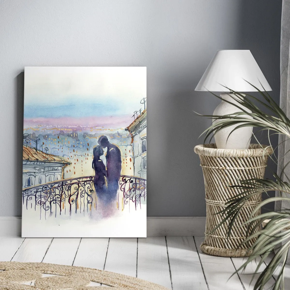 Cuadro sobre lienzo - Impresión de Imagen - Pareja romántica en un balcón con vistas a la ciudad. - 70x100cm - Los amantes de París - Decoración de pared moderna para salón y dormitorio ARTTOR