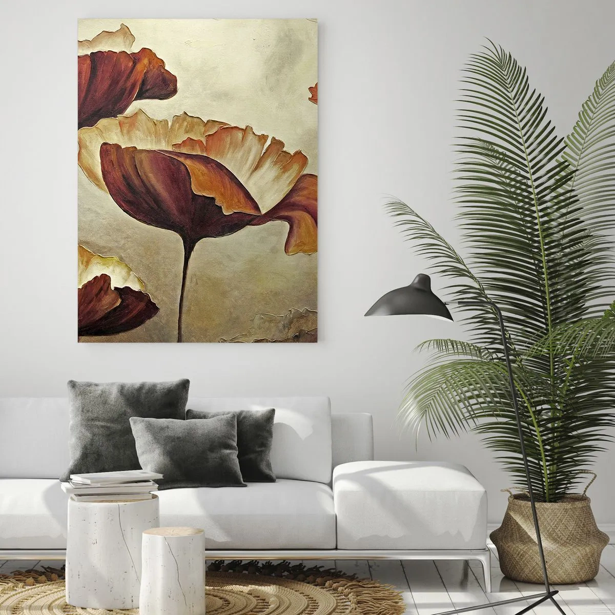 Cuadro sobre vidrio - Impresiones sobre Vidrio - Flores de amapola en tonos rojos y dorados sobre un fondo claro. - 50x70cm - Prado de prados - Decoración de pared moderna para salón y dormitorio ARTTOR