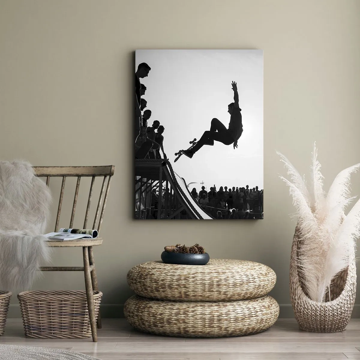 Cuadro sobre lienzo - Impresión de Imagen - Escena de skate en blanco y negro en una rampa - 50x70cm - Héroes y espectadores - Decoración de pared moderna para salón y dormitorio ARTTOR