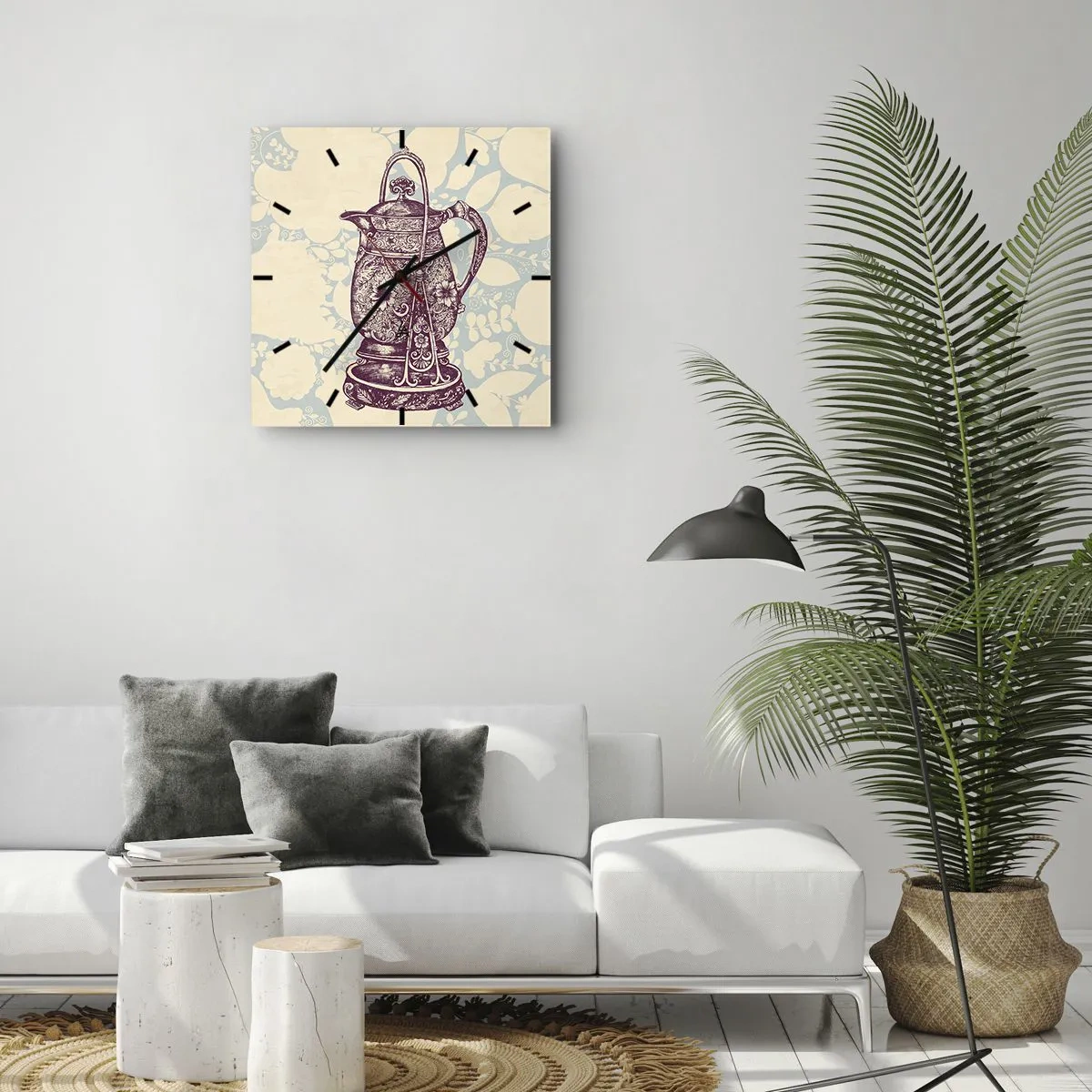 Reloj de pared - Reloj de vidrio - Jarra estilizada con adornos sobre fondo floral. - 30x30cm - La belleza de lo cotidiano - Decoración de pared moderna para salón y dormitorio ARTTOR