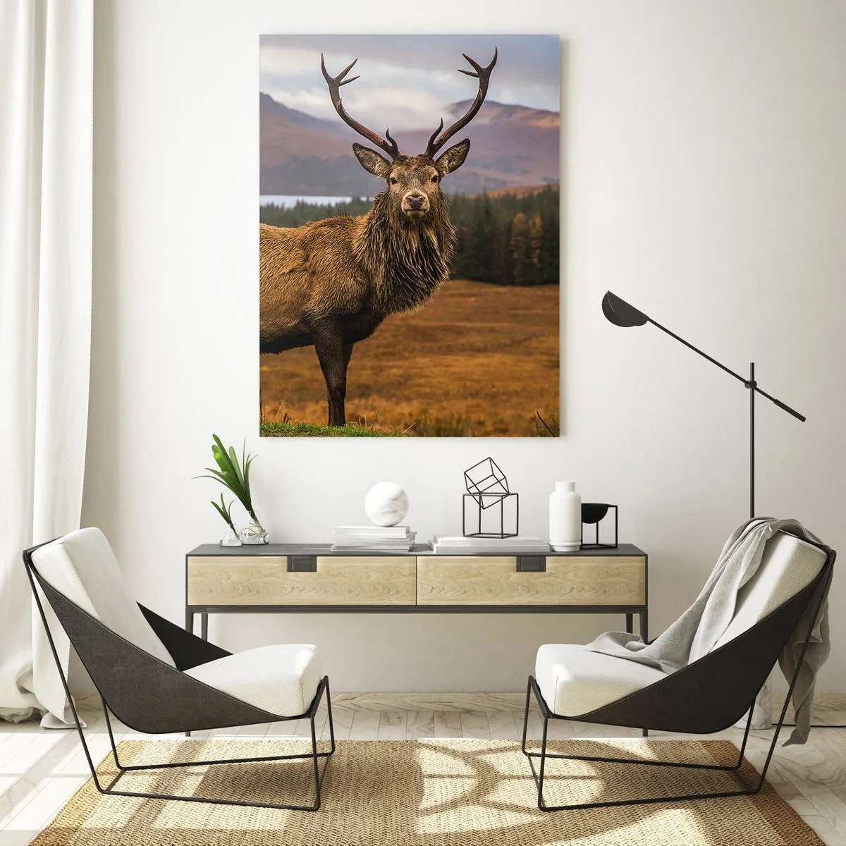 Cuadro sobre vidrio - Impresiones sobre Vidrio - Un ciervo con el telón de fondo de un paisaje montañoso con lagos y bosques. - 70x100cm - La majestuosidad de la naturaleza - Decoración de pared moderna para salón y dormitorio ARTTOR