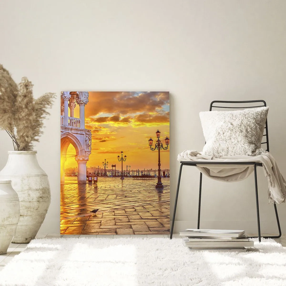 Cuadro sobre vidrio - Impresiones sobre Vidrio - Amanecer sobre las arcadas y la plaza - 50x70cm - ¿Dónde están todos? - Decoración de pared moderna para salón y dormitorio ARTTOR