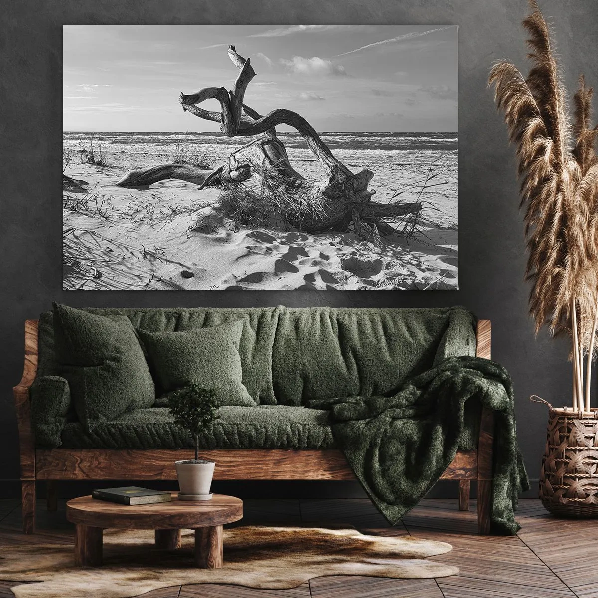 Cuadro sobre lienzo - Impresión de Imagen - Paisaje en blanco y negro con un árbol muerto en la playa. - 120x80cm - Escultura marina - Decoración de pared moderna para salón y dormitorio ARTTOR