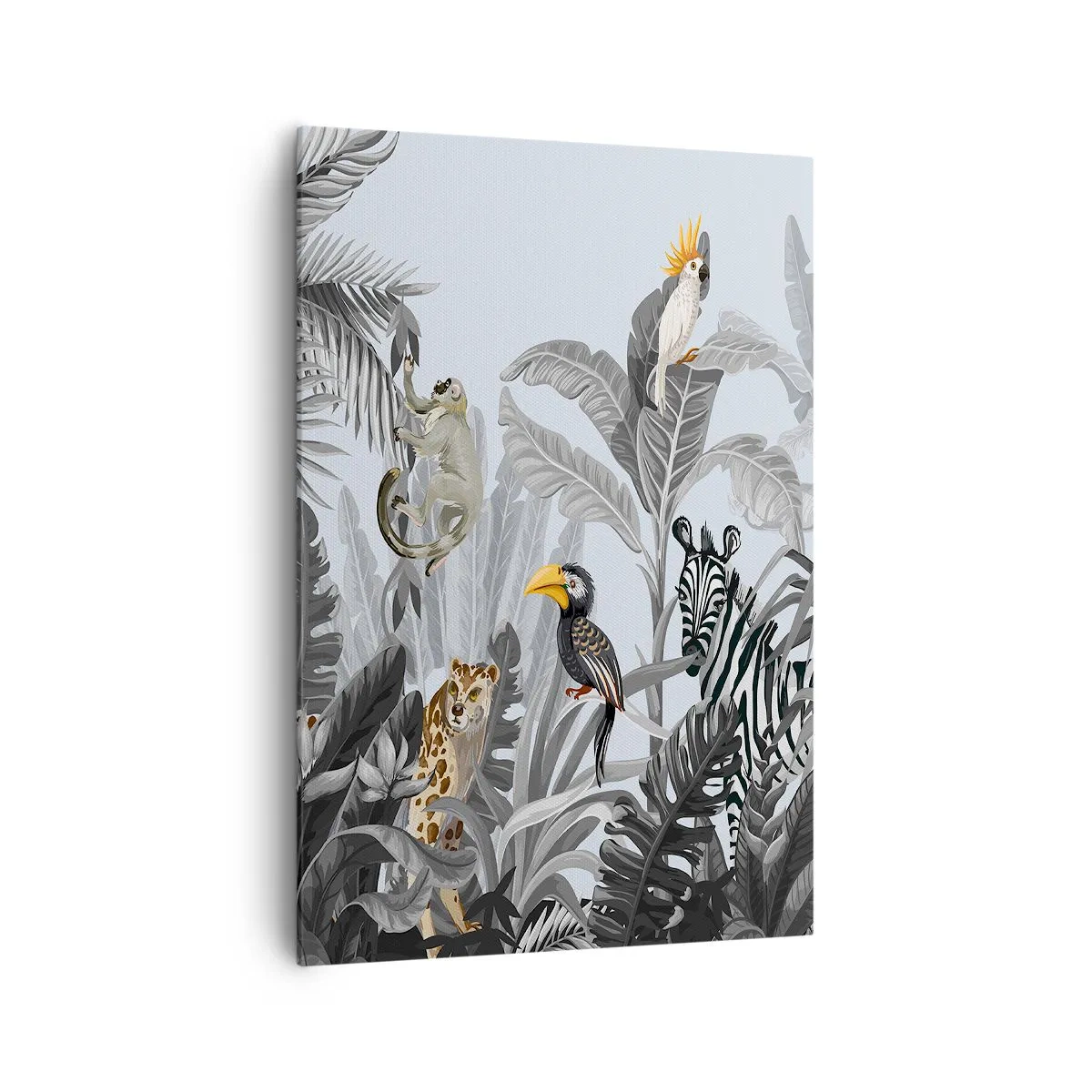 Cuadro sobre lienzo - Impresión de Imagen - Selva tropical con animales exóticos sobre un fondo gris. - 70x100cm - Un cuento de hadas africano - Decoración de pared moderna para salón y dormitorio ARTTOR