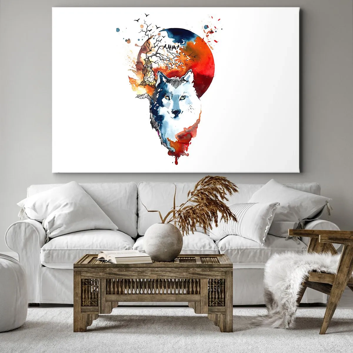 Cuadro sobre lienzo - Impresión de Imagen - Pintura abstracta de acuarela de un lobo contra una luna roja. - 70x50cm - El acecho nocturno - Decoración de pared moderna para salón y dormitorio ARTTOR