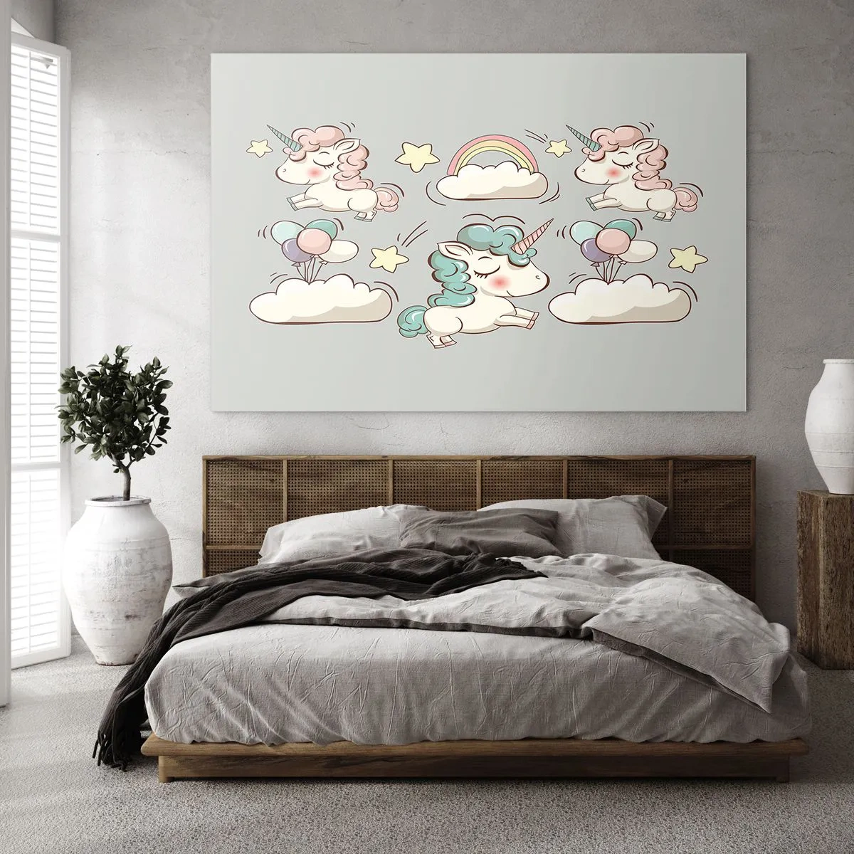 Cuadro sobre vidrio - Impresiones sobre Vidrio - Lindos unicornios en las nubes con un arcoíris y globos. - 100x70cm - Estoy seguro de que existen - Decoración de pared moderna para salón y dormitorio ARTTOR