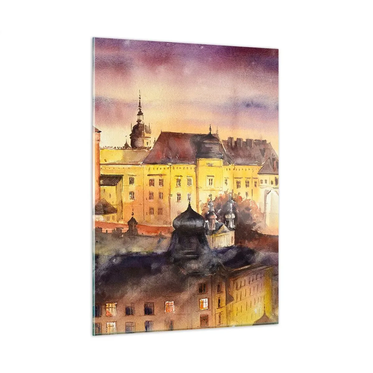 Cuadro sobre vidrio - Impresiones sobre Vidrio - Ilustración en acuarela de un castillo en una colina al atardecer - 50x70cm - Una historia y un cuento - Decoración de pared moderna para salón y dormitorio ARTTOR