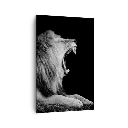 Cuadro sobre lienzo - Impresión de Imagen - Un león rugiente sobre un fondo negro en tonos blanco y negro. - 80x120cm - Sin duda alguna - Decoración de pared moderna para salón y dormitorio ARTTOR