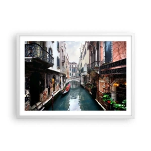 Póster en marco blanco - Paisaje veneciano con góndola y puente - 70x50 cm
