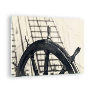 Cuadro sobre vidrio - Impresiones sobre Vidrio - Timón de barco náutico en blanco y negro - 70x50cm - Un cuento marino - Decoración de pared moderna para salón y dormitorio ARTTOR