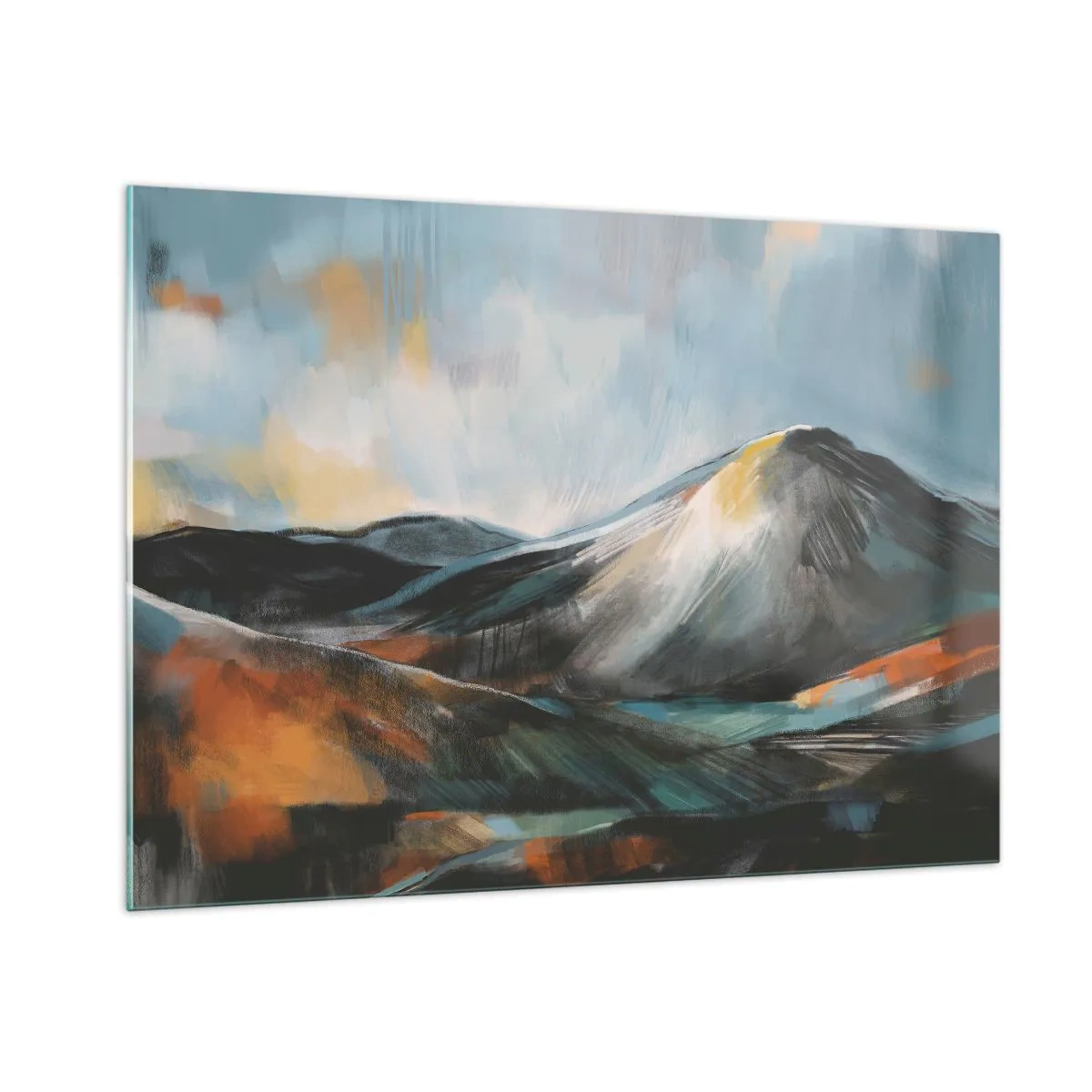 Cuadro sobre vidrio - Impresiones sobre Vidrio - Un paisaje montañoso pictórico en colores cálidos y fríos. - 100x70cm - Crudo y bello - Decoración de pared moderna para salón y dormitorio ARTTOR