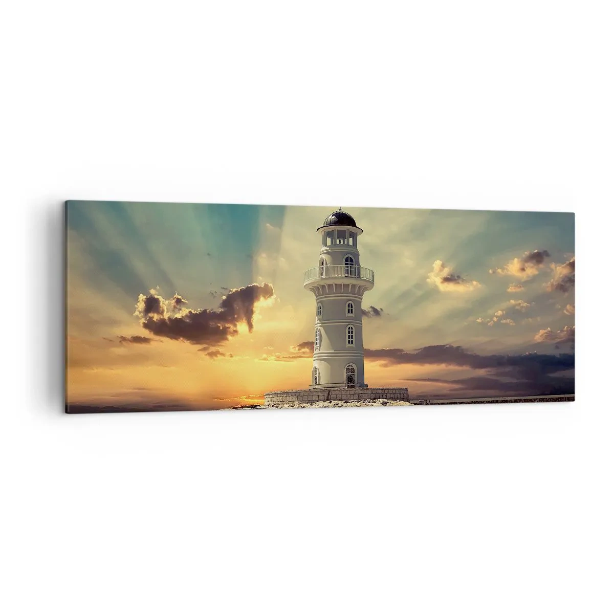 Cuadro sobre lienzo - Impresión de Imagen - Un faro al atardecer contra el cielo. - 140x50cm - Luz - Bondad - Belleza - Decoración de pared moderna para salón y dormitorio ARTTOR