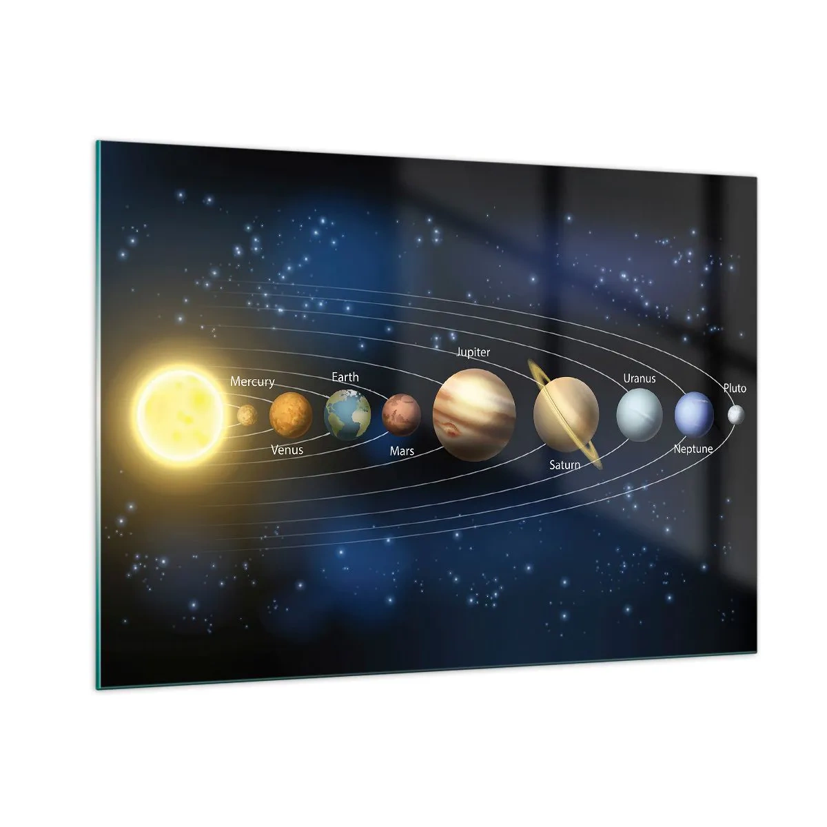 Cuadro sobre vidrio - Impresiones sobre Vidrio - El sistema solar con planetas y estrellas al fondo. - 100x70cm - Uno de diez - Decoración de pared moderna para salón y dormitorio ARTTOR