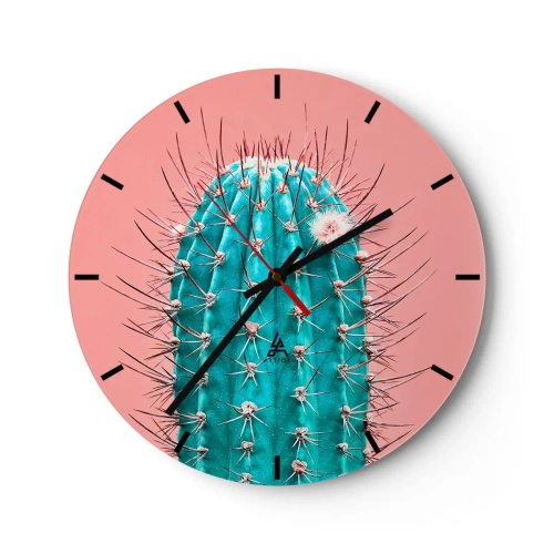 Reloj de pared - Reloj de vidrio - Primer plano de un cactus turquesa sobre un fondo rosa. - 30x30cm - Se mira, pero no se toca - Decoración de pared moderna para salón, cocina y dormitorio ARTTOR
