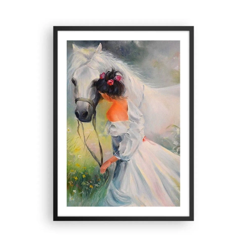 Póster en marco negro - Una mujer con un caballo blanco en estilo pictórico. - 50x70cm - Como si de un hermoso sueño se tratara - Decoración de pared moderna para salón y dormitorio ARTTOR
