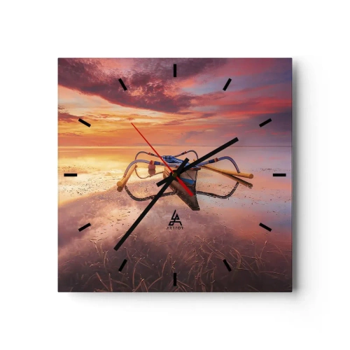 Reloj de pared - Reloj de vidrio - Un barco en aguas tranquilas al atardecer. - 30x30cm - Calma de una tarde tropical - Decoración de pared moderna para salón y dormitorio ARTTOR