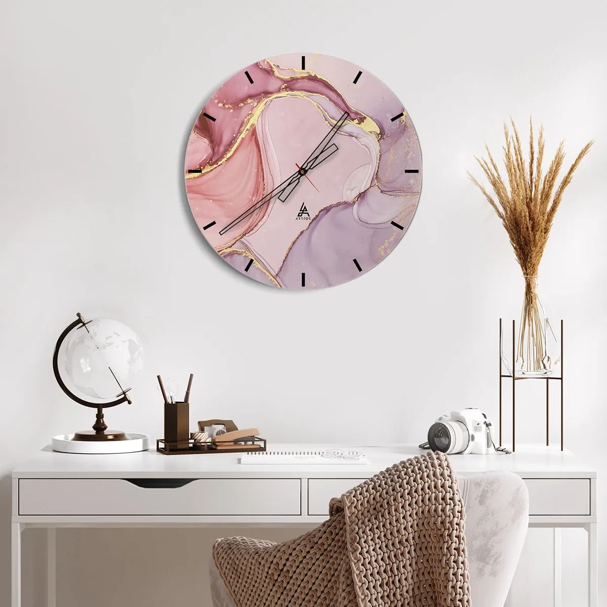 Reloj de pared - Reloj de vidrio - Reloj abstracto con detalles en rosa y dorado. - 30x30cm - Caricia de colores - Decoración de pared moderna para salón, cocina y dormitorio ARTTOR