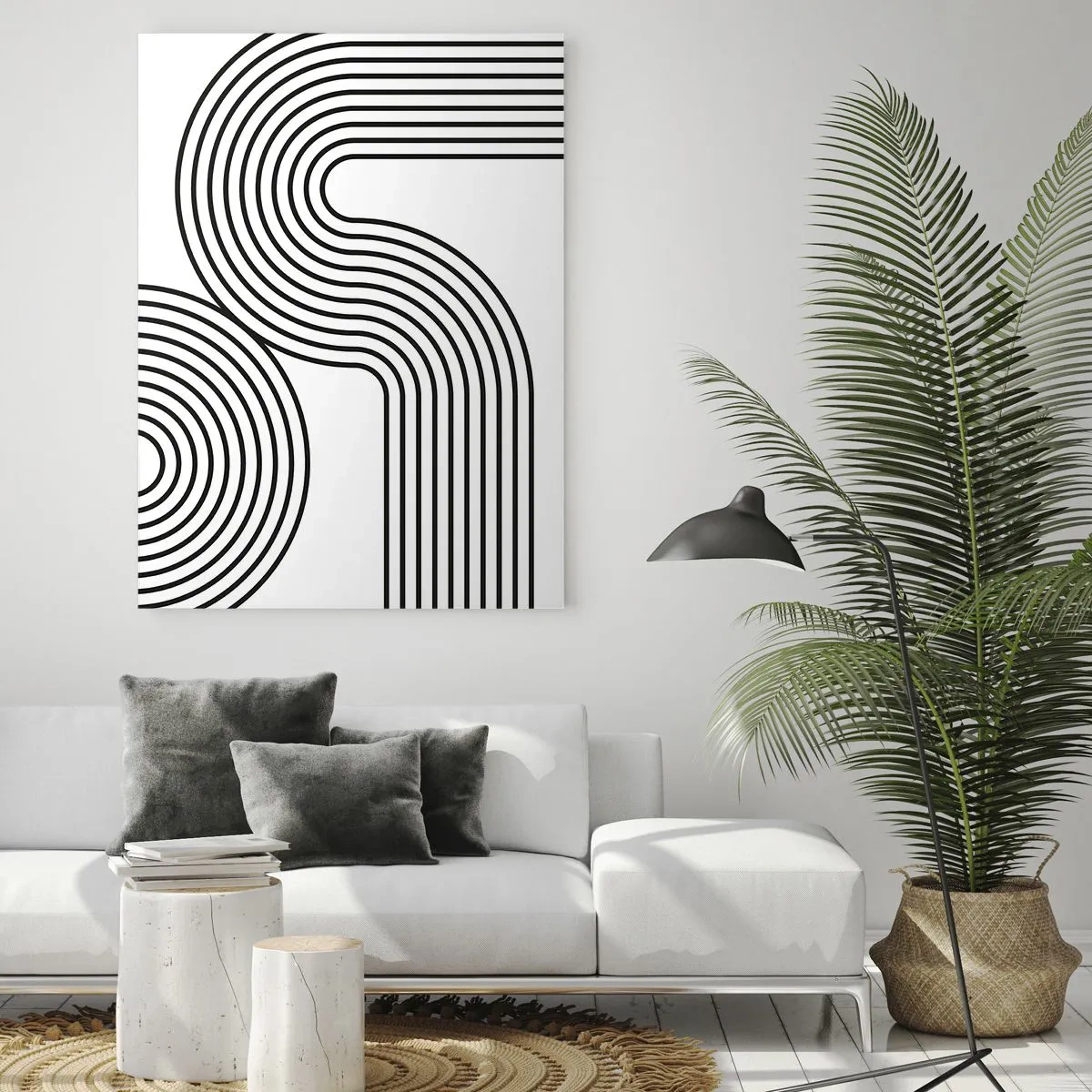 Cuadro sobre vidrio - Impresiones sobre Vidrio - Gráficos en blanco y negro con líneas paralelas curvas. - 50x70cm - En una curva - Decoración de pared moderna para salón y dormitorio ARTTOR
