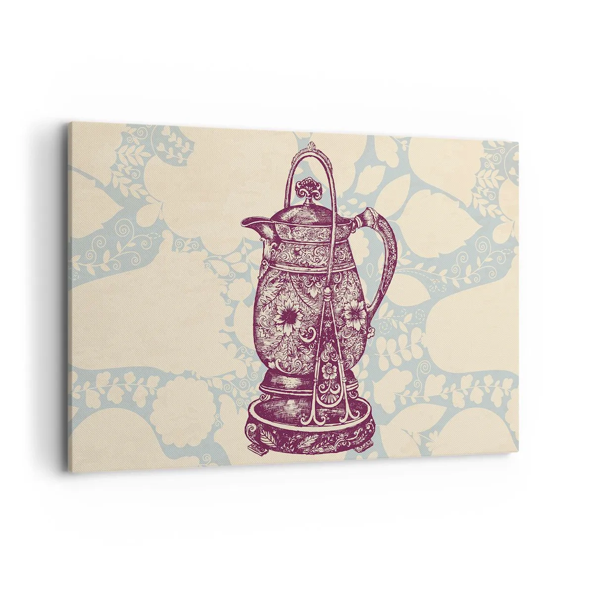 Cuadro sobre lienzo - Impresión de Imagen - Jarra estilizada con adornos sobre fondo floral. - 120x80cm - La belleza de lo cotidiano - Decoración de pared moderna para salón y dormitorio ARTTOR