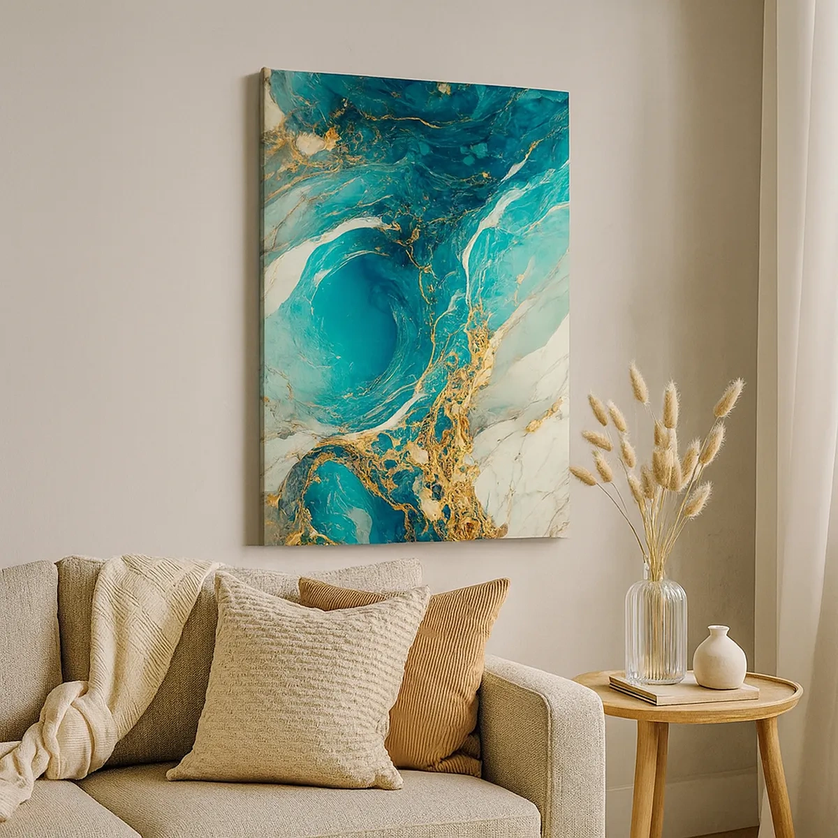Cuadro sobre lienzo - Impresión de Imagen - Una composición abstracta en tonos turquesa y dorado. - 50x70cm - Composición con vetas de oro - Decoración de pared moderna para salón y dormitorio ARTTOR