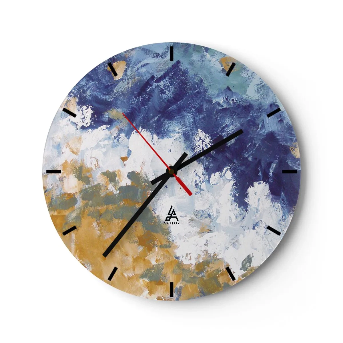 Reloj de pared - Reloj de vidrio - Abstracción expresiva en tonos azules, blancos y ocres. - 30x30cm - Danza de los elementos - Decoración de pared moderna para salón, cocina y dormitorio ARTTOR