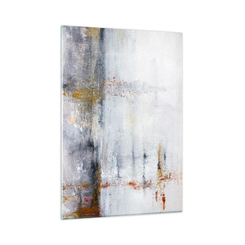 Cuadro sobre vidrio - Impresiones sobre Vidrio - Una pintura abstracta que presenta una sutil combinación de gris, blanco y dorado. - 50x70cm - Tras una cortina de aire - Decoración de pared moderna para salón y dormitorio ARTTOR