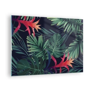 Cuadro sobre vidrio - Impresiones sobre Vidrio - Hojas y flores exóticas sobre un fondo oscuro. - 70x50cm - Encender el color verde - Decoración de pared moderna para salón y dormitorio ARTTOR